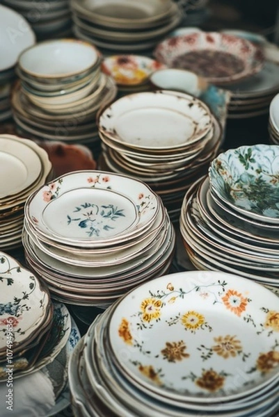 Fototapeta Ornate plates stacked, ceramics, vibrant patterns, vintage look, pottery collection, antique plates, dinnerware set, tableware, home decor, china cabinet