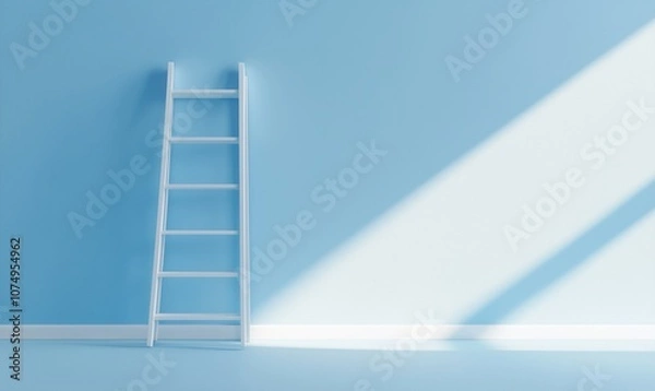 Fototapeta Ladder against blue wall, soft shadows, minimalistic design