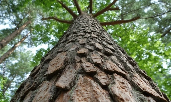 Fototapeta Tree trunk close-up showcasing textured bark and green foliage
