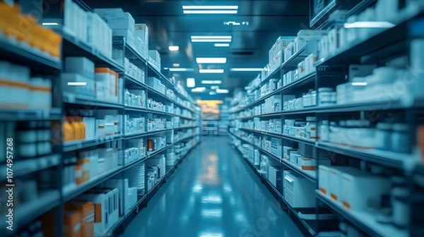 Obraz A modern pharmacy interior showcasing neatly arranged shelves filled with various medicine boxes in a bright environment.