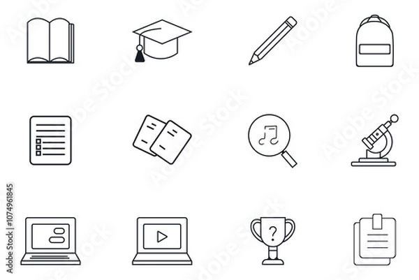 Fototapeta Education hand-drawn flat line art icons set. Learning icons for web and book. graduation hat, search, bag, laptop, documents. Vector icon illustration.