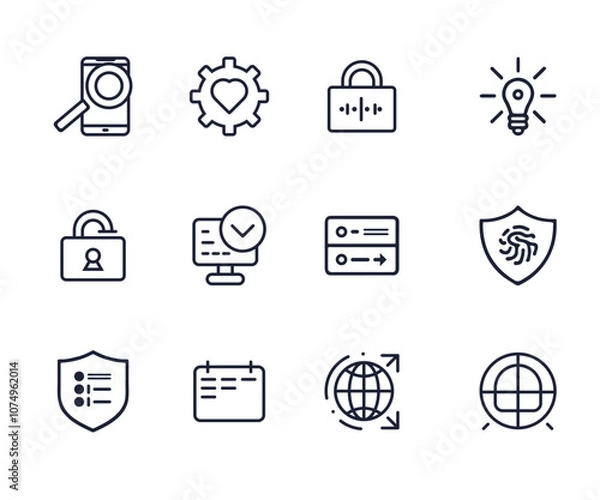 Fototapeta Learning and Technology hand-drawn line art icon set. Home, documents, settings, message, desktop, laptop, idea, notification, location, security Icon set. Line art vector icon package.