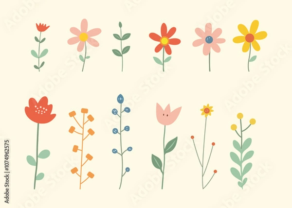 Fototapeta Collection of spring colorful flower elements vector. Set floral of wildflowers, leaf branches, and foliage on a white background. Hand-drawn flower vector illustration.