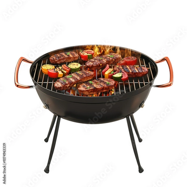 Fototapeta Sizzling Summer Grill: A close-up shot of a charcoal grill with various meats and vegetables sizzling on the grill, capturing the essence of outdoor grilling and summer cookouts.  