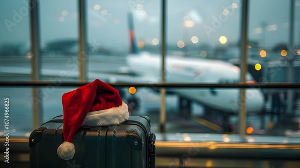 Obraz A Christmas hat on a suitcase handle, with an airport departure gate background