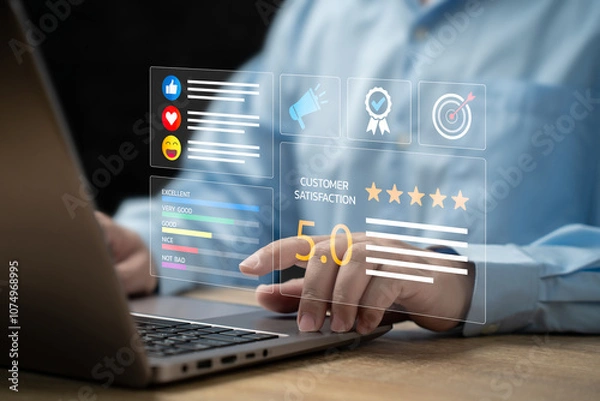 Obraz Digital marketing plan satisfaction, Customer service concept, Businessman survey to check satisfaction score, Top score, Best quality control of product, Customers review the online shopping platform