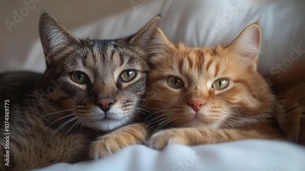 Fototapeta a happy dog and cat pose together, looking playfully at the camera against a bright white background, capturing the essence of their friendship and the joy of companionship in a heartwarming portrait