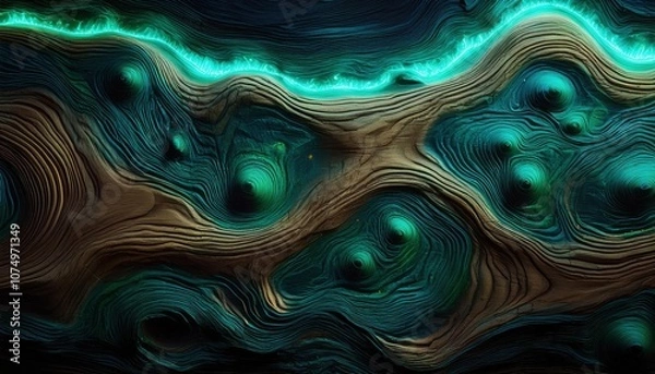 Obraz Abstract fractal of a wooden section background with fluorescent glow. Highly detailed with a variety of organic shapes resembling cavities, knots, and ripples