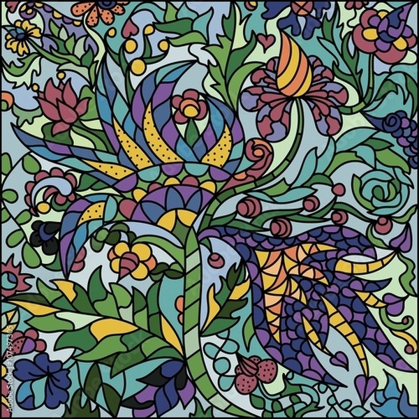 Obraz Stained-glass window, flowers. Vector illustration