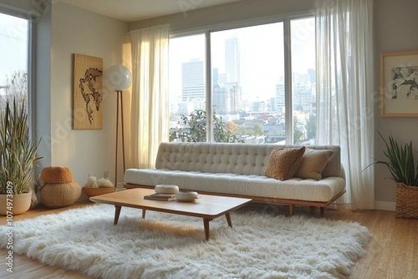 Fototapeta Minimalist, mid century modern interiors in residential living rooms with windows and sofas and wood tables. Generative AI
