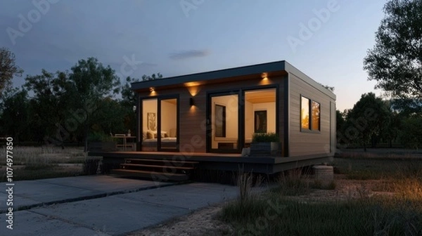 Fototapeta A small house with a porch and a balcony
