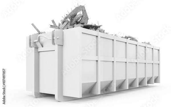Obraz White rubble container perspective front view isolated on white background. 3D Rendering, 3D Illustration.