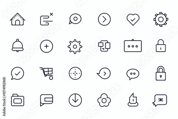 Fototapeta Learning and Technology hand-drawn line art icon set. Home, documents, settings, message, desktop, laptop, idea, notification, location, security Icon set. Line art vector icon package.