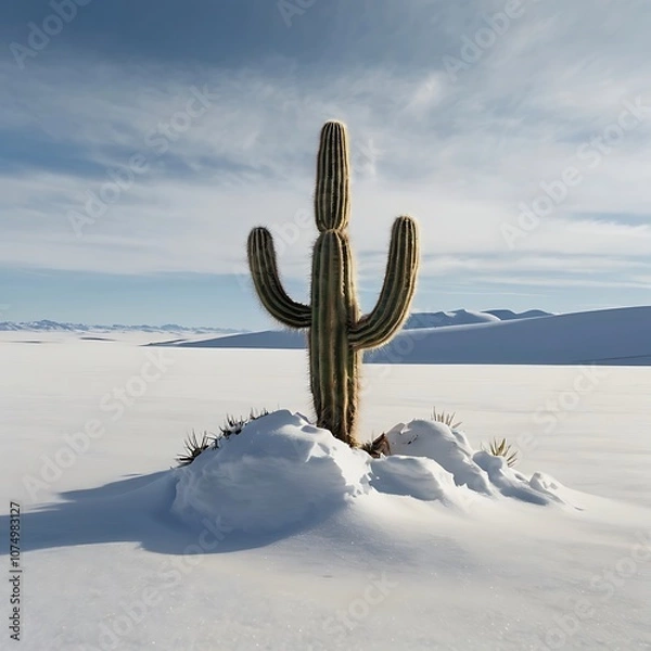 Fototapeta A lone cactus thriving in the middle of a vast, desolate snow-covered landscape