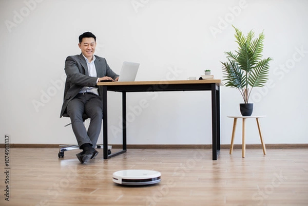 Fototapeta Asian businessman sits at desk working on laptop against minimalist white wall. Robot vacuum cleaner actively moves across wooden floor. Indoor plant adds greenery to modern office setting.