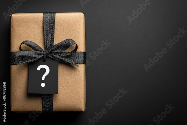 Obraz wrapped gift box with question mark tag, symbolizing mystery and surprise. Perfect for celebrations or special occasions