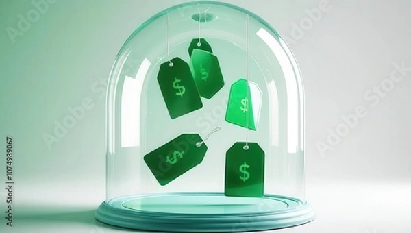 Obraz Protected Prices: Green dollar tags float inside a glass dome, symbolizing the security and stability of financial protection.  