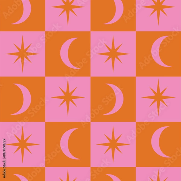 Fototapeta Checkered crescent moon and stars on pink and orange checkerboards seamless pattern. For home décor, wallpaper and fabric.