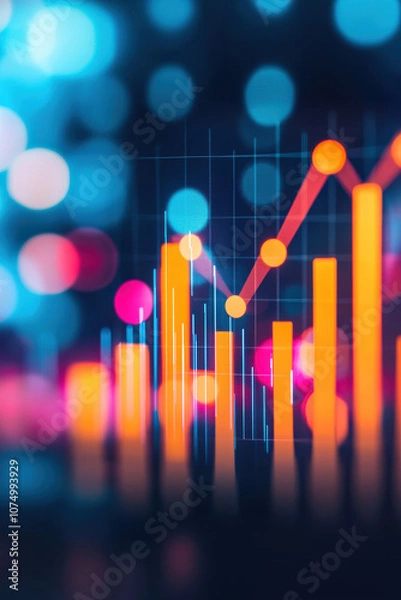 Fototapeta Colorful graphical representation of data trends with glowing bars and dots, ideal for illustrating finance, analytics, and business growth concepts.