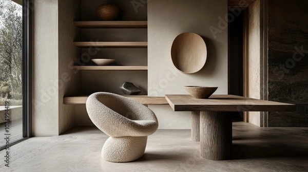 Obraz Minimalist Modern Interior Design with a Wooden Table, Chair, and Shelves