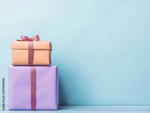 Obraz stack of colorful gifts wrapped in pastel paper, featuring pink ribbon, set against light blue background. Perfect for celebrations and special occasions