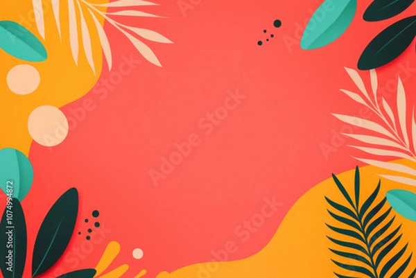 Fototapeta Vibrant abstract background featuring colorful tropical leaves and shapes, perfect for summer-themed designs and nature-inspired projects.
