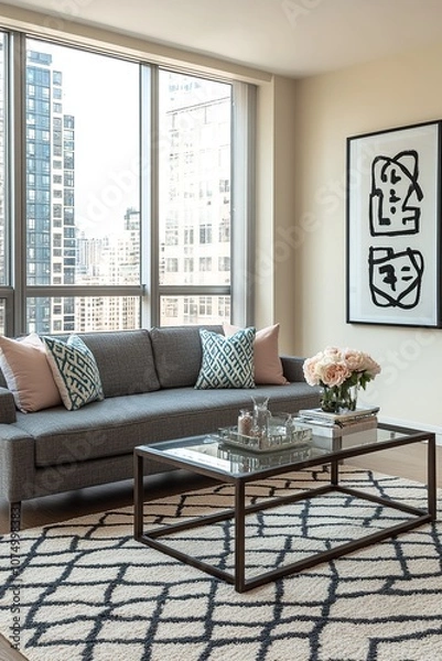 Obraz A detailed 3D rendering of a modern minimalist living room interior. Features a comfortable gray sofa with decorative cushions in muted pastel colors like blush pink and soft teal.