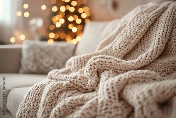 Fototapeta Cozy knitted blanket on couch with festive lights background