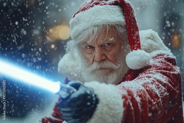 Fototapeta Funny Senior man in santa claus clothes, with lightsaber, snowy background, full body shot