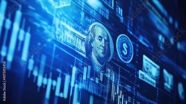 Fototapeta Business poster. Topic, investments and finance. Images of money and financial charts, strategies and analysis. Illustration in the style of an advertising banner