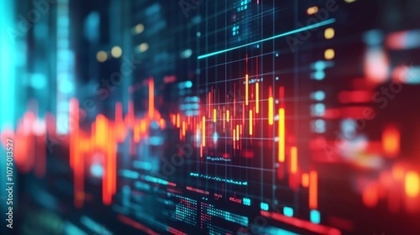 Fototapeta Business poster. Topic, investments and finance. Images of money and financial charts, strategies and analysis. Illustration in the style of an advertising banner