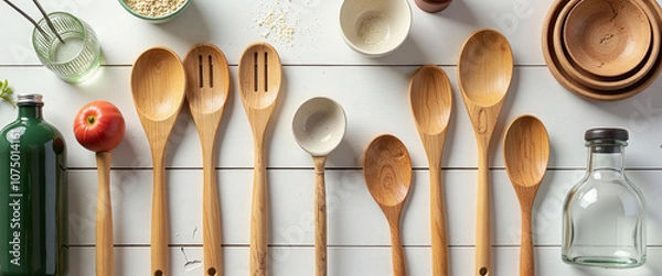Obraz A collection of wooden spoons and bowls are displayed on a white countertop. The spoons are arranged in various sizes and shapes, and the bowls are placed around them. Scene is warm and inviting