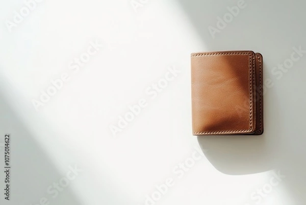 Obraz Brown leather wallet in sunlight with shadow on white surface