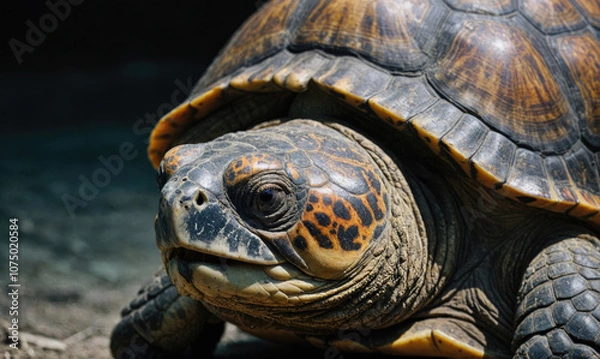 Fototapeta A close-up of a turtle's head, its dark, wrinkled skin and large, round eyes stand out against the black background