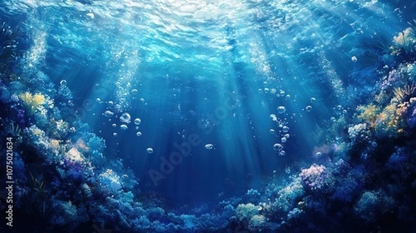 Fototapeta Stunning underwater view of blue ocean bubbles rising to the surface