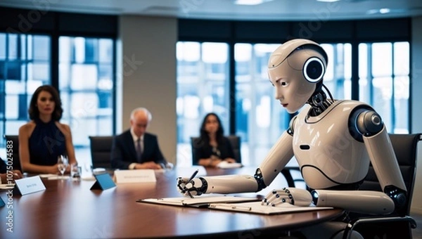 Fototapeta A humanoid robot is seated at a conference table, actively taking notes while human executives observe. The setting features large windows and a contemporary design