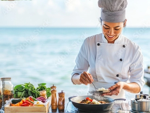 Fototapeta A chef preparing a delicious dish by the ocean.