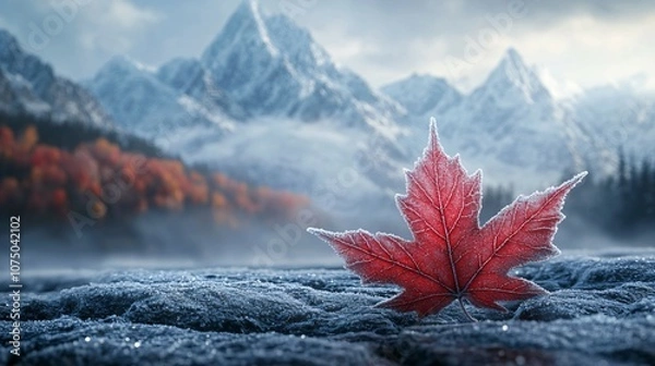 Fototapeta A frosted red maple leaf lies on a cold, rocky surface, surrounded by the distant outline of snow-dusted mountains, emblematic of autumn’s frozen beauty.