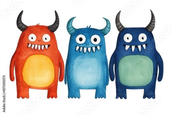 Fototapeta Colorful watercolor monsters in fun, playful poses. Ideal for children's books, illustrations, or creative design projects.