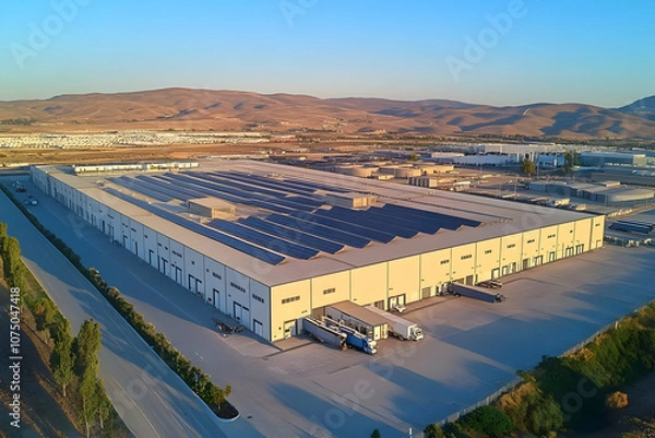 Fototapeta Renewable Energy - Aerial view of a large industrial warehouse with solar panels and trucks in the foreground.