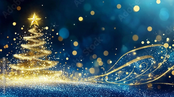 Fototapeta Glowing golden Christmas tree with sparkling glitter effect on a soft abstract blue background filled with starry sky and bokeh lights, representing a festive holiday scene perfect for New Year’s cele