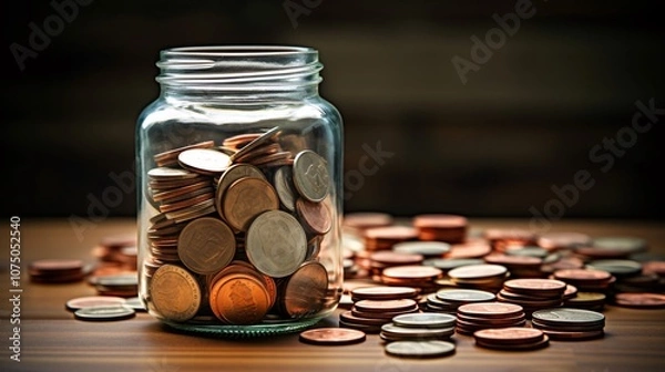 Fototapeta A hand placing coins into a jar, representing saving money for future needs