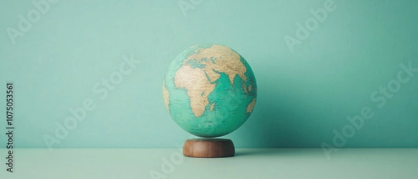 Fototapeta Colorful globe on a wooden base against a turquoise background, ideal for travel themes.
