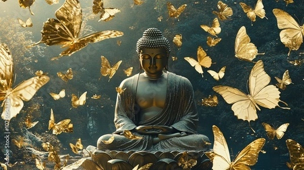 Fototapeta Buddha in Meditation with Golden Butterflies