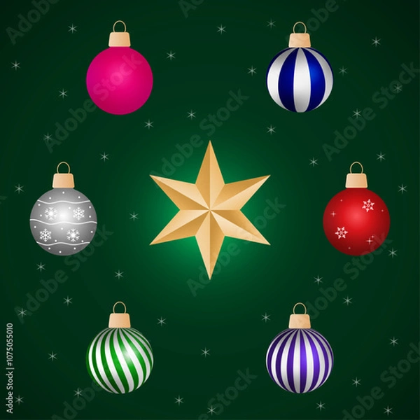 Fototapeta Christmas tree decoration. Christmas tree toy with a pattern. Star. Ball in the snow. vector image. set of Christmas balls. Set of Christmas toys