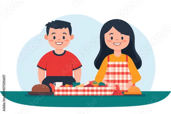 Fototapeta Two cheerful friends enjoying a delightful picnic with various snacks on a table.