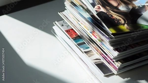 Obraz Stack of magazines in natural light, shadow play.