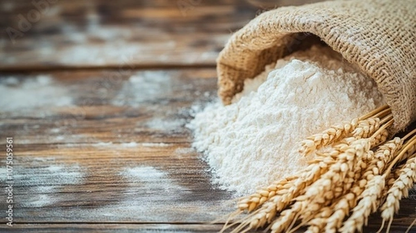 Fototapeta Wheat flour and an ear of wheat on a wooden table with a rustic feel. AI generated illustration