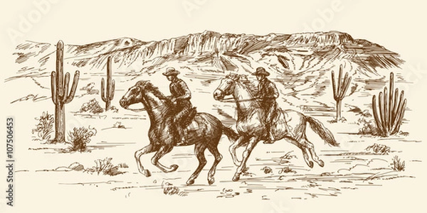 Obraz Amerykańska pustynia dzikiego zachodu z kowbojami - ilustracja