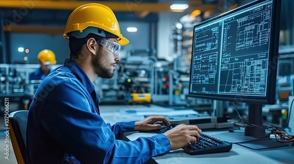 Fototapeta Industrial Worker Using Computer with Technical Drawings on Screen